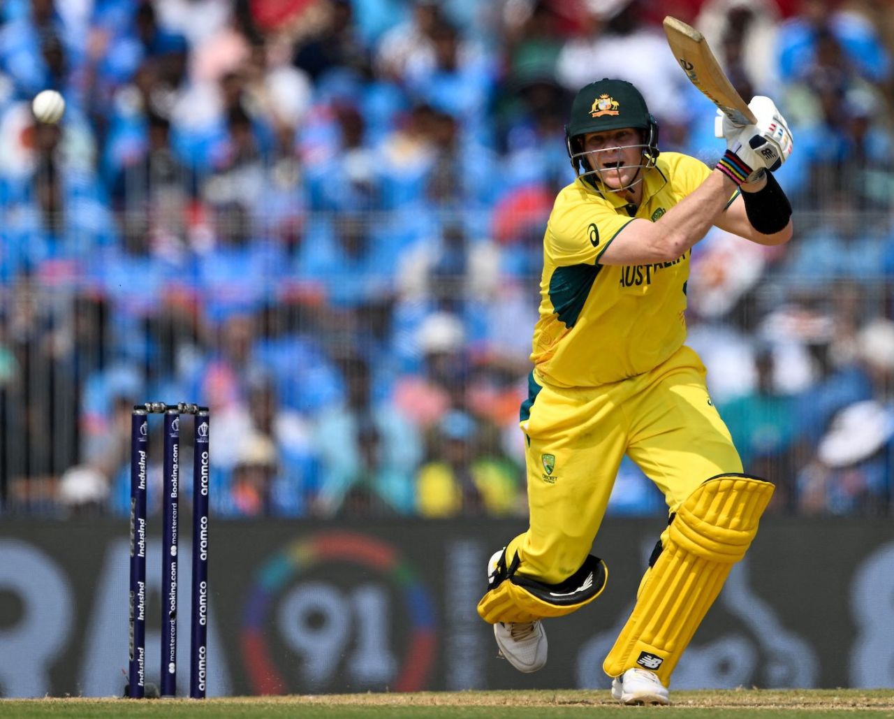 Steve Smith drives on the off side, India vs Australia, World Cup, Chennai, October 8, 2023