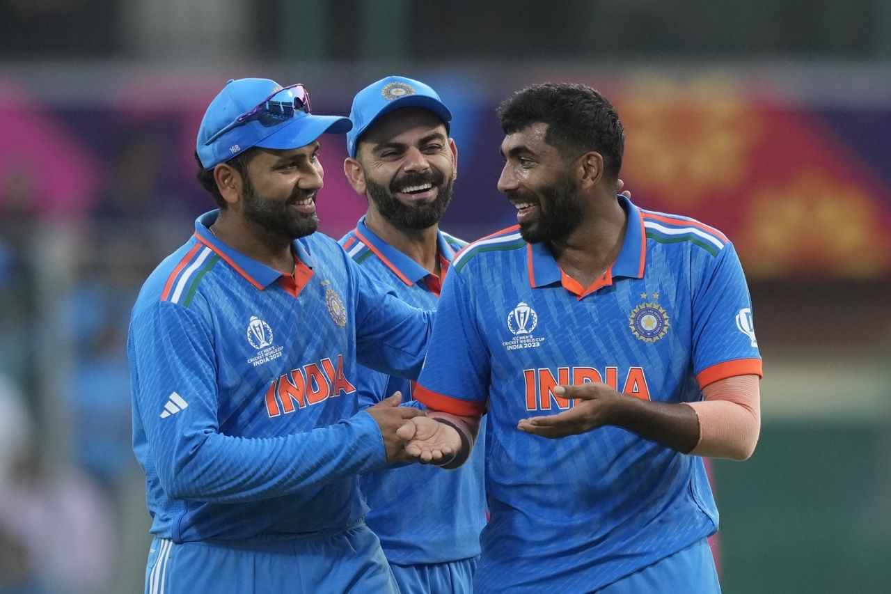 The three who matter: Rohit Sharma, Virat Kohli and Jasprit Bumrah all smiles after dismissing Pat Cummins, India vs Australia, World Cup, Chennai, October 8, 2023