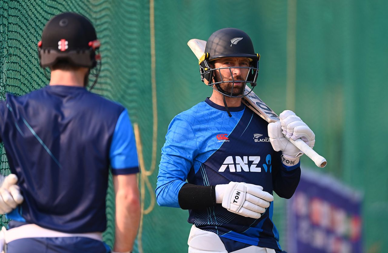 Devon Conway looks on during a New Zealand nets session, ICC Men's Cricket World Cup, Hyderabad, October 08, 2023 in Hyderabad