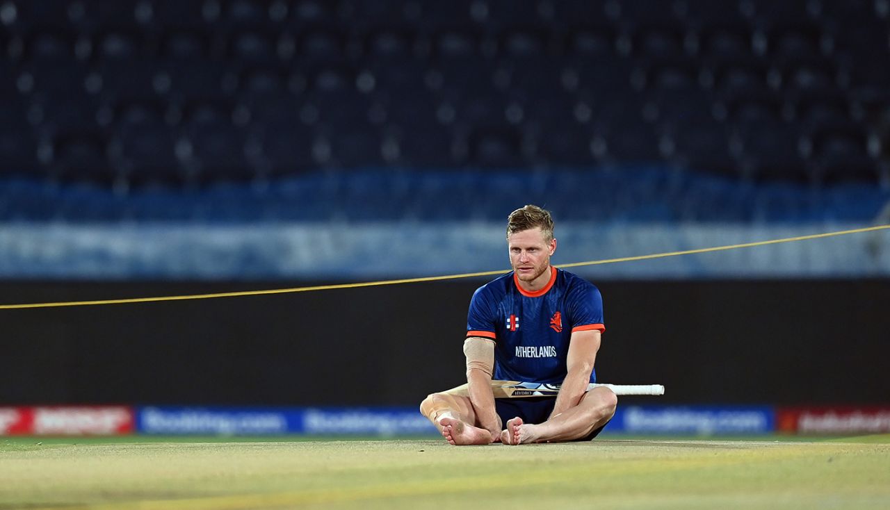 Sybrand Engelbrecht sits on the pitch during a Netherlands nets session, ICC Men's Cricket World Cup, Hyderabad, October 08, 2023 in Hyderabad