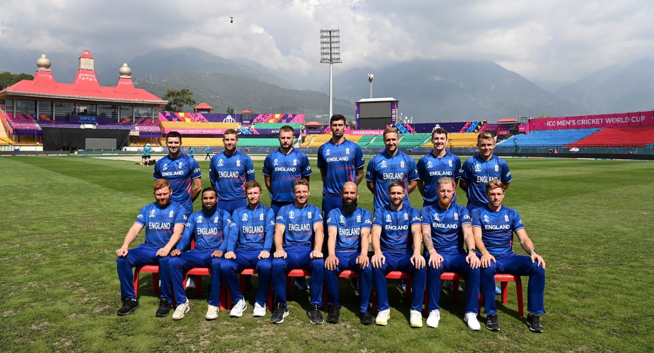 The England squad pose for a photograph at the picturesque Dharamsala stadium, ICC ODI World Cup 2023, Dharamsala, October 9, 2023