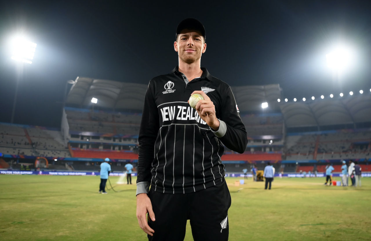Mitchell Santner celebrates his maiden ODI World Cup five-for, Netherlands vs New Zealand, ICC ODI World Cup, Hyderabad, October 9, 2023