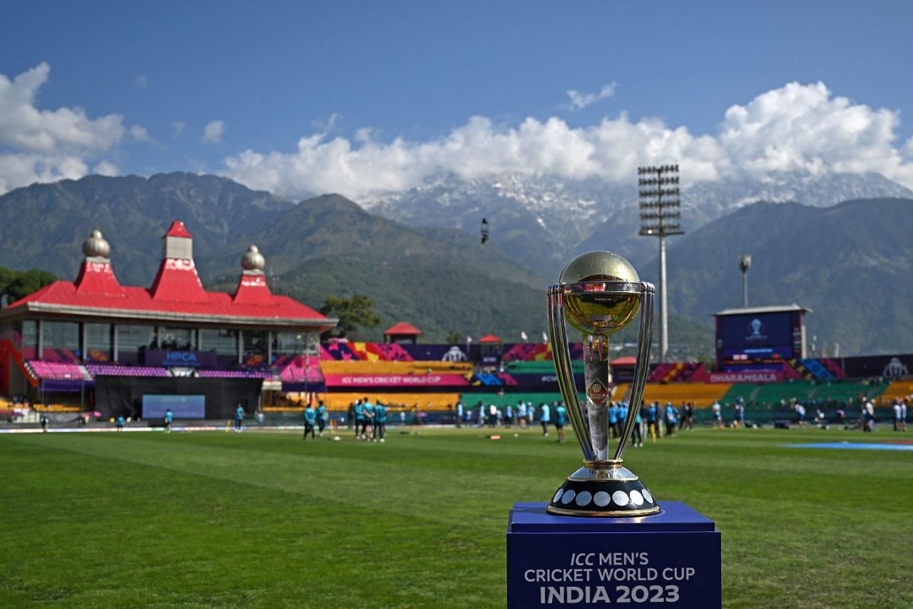 The World Cup trophy poses in all its glory with the picturesque Himalayas at the back, Bangladesh vs England, Dharamsala, ODI World Cup, October 10, 2023