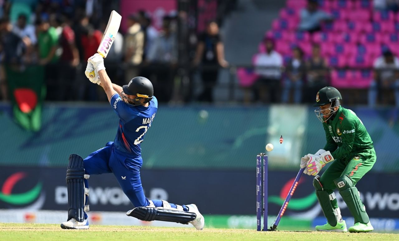 Dawid Malan is bowled for 140, Bangladesh vs England, Dharamsala, ODI World Cup, October 10, 2023
