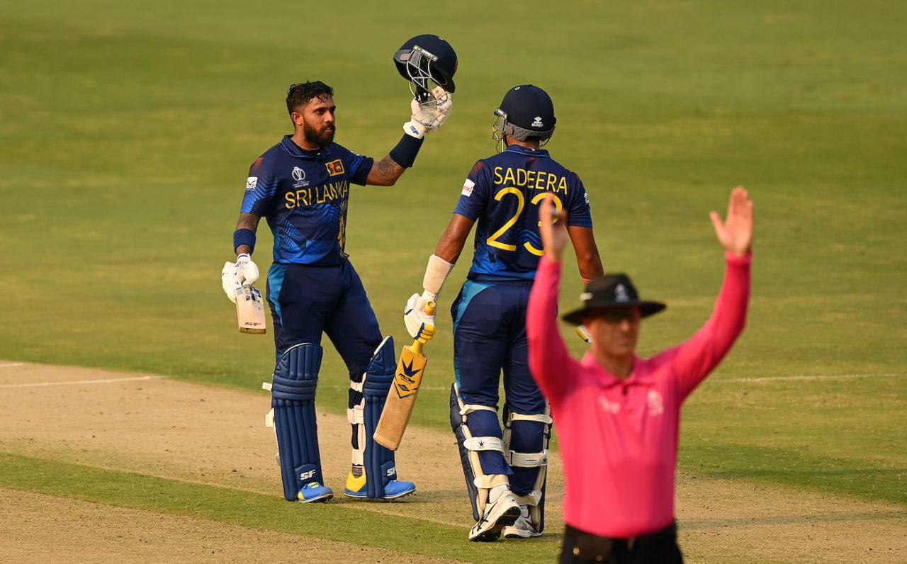 Kusal Mendis brought up his century with a six, Pakistan vs Sri Lanka, World Cup, Hyderabad, October 10, 2023