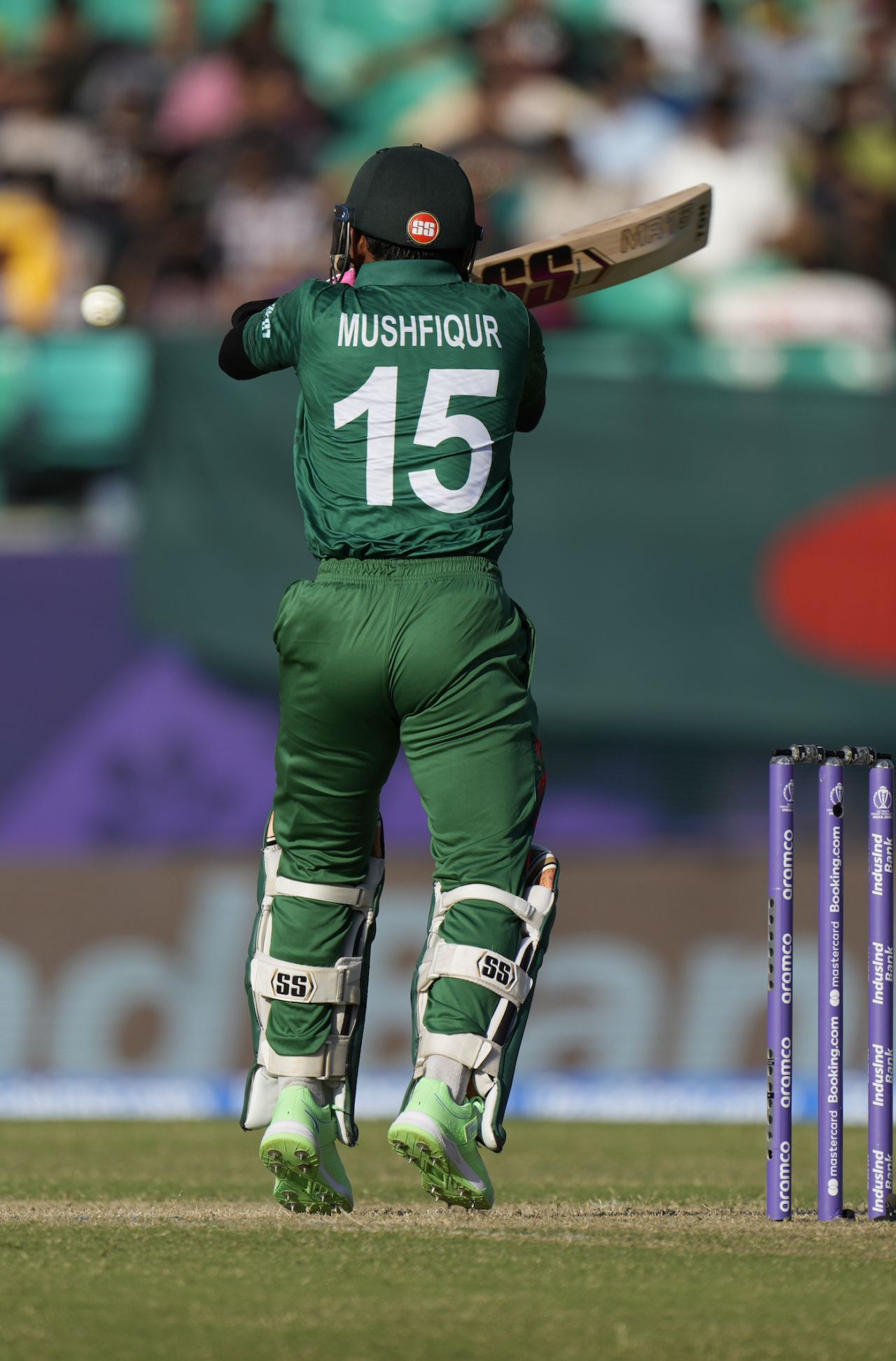 Mushfiqur Rahim lines up a pull during his battling innings, Bangladesh vs England, World Cup, Dharamsala, October 10, 2023