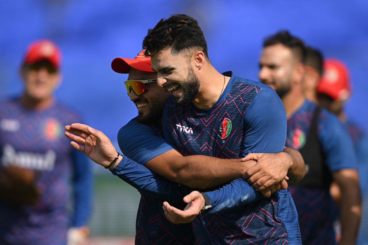Naveen-ul-Haq shares a light moment with a team-mate, India vs Afghanistan, World Cup, Delhi, October 10, 2023