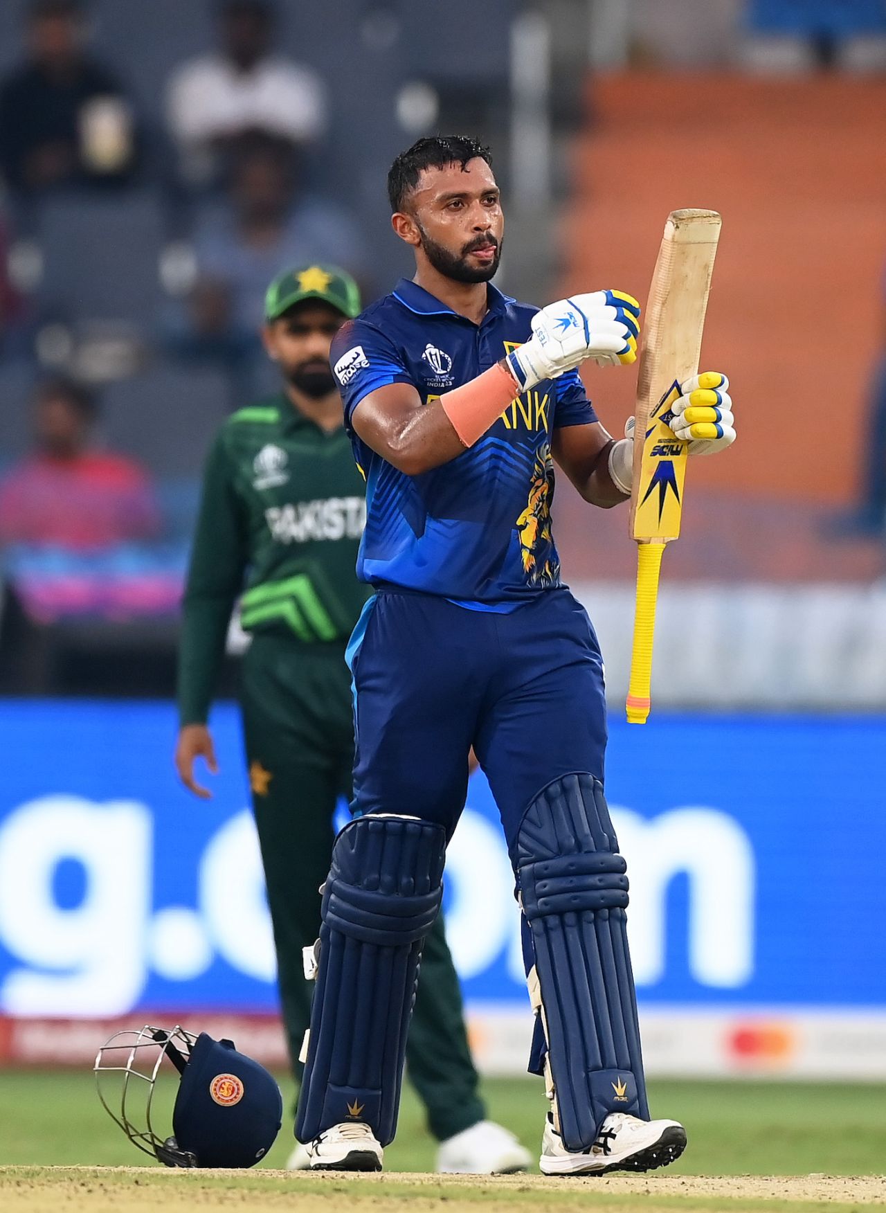 Sadeera Samarawickrama celebrates his maiden ODI century, Pakistan vs Sri Lanka, World Cup, Hyderabad, October 10, 2023