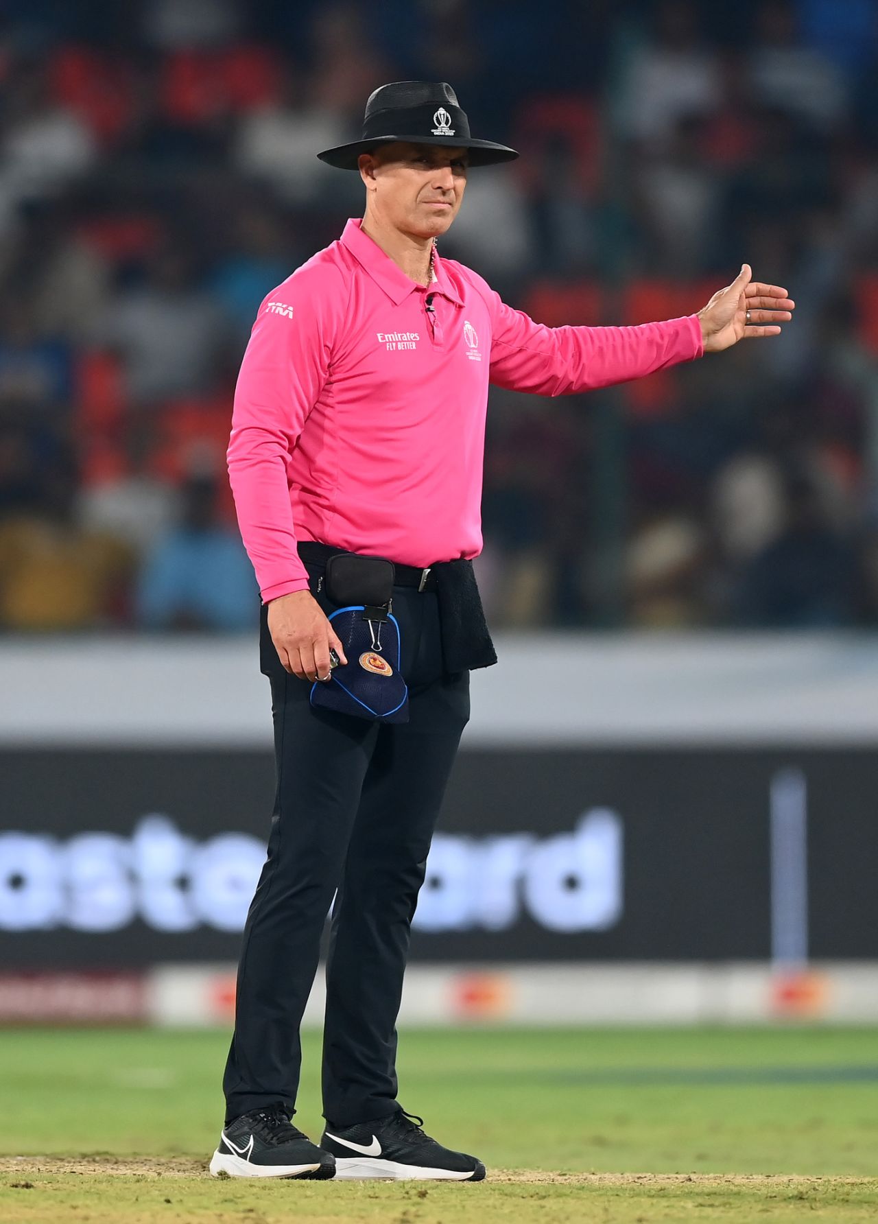 Umpire Alex Wharf signals a no ball, Pakistan vs Sri Lanka, World Cup, Hyderabad, October 10, 2023