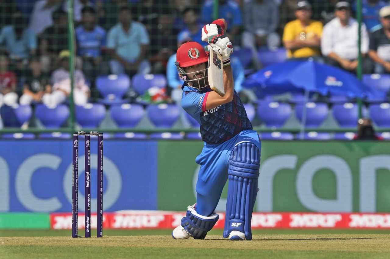Ibrahim Zadran drives down the ground, India vs Afghanistan, ODI World Cup, Delhi, October 11, 2023