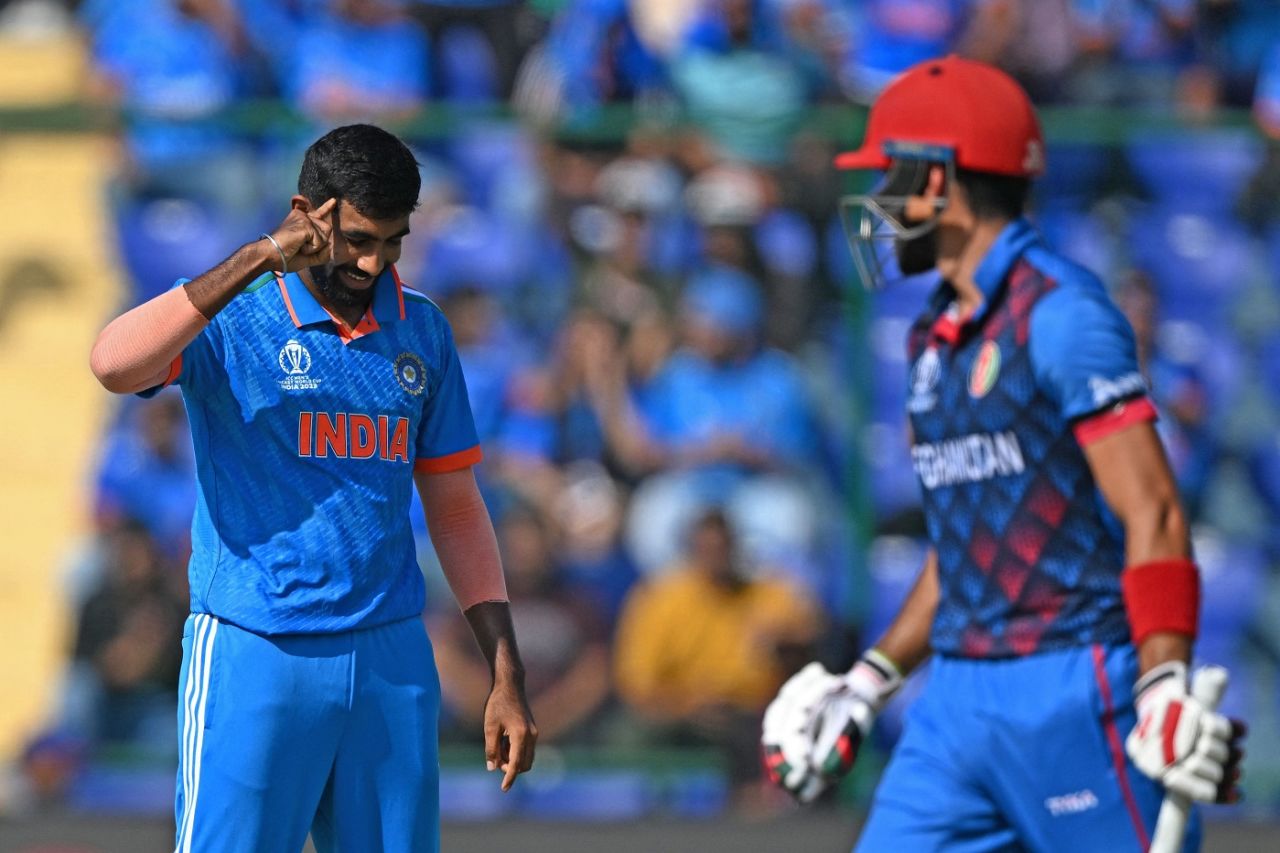Jasprit Bumrah brought out a Marcus Rashford celebration after dismissing Ibrahim Zadran, India vs Afghanistan, ODI World Cup, Delhi, October 11, 2023