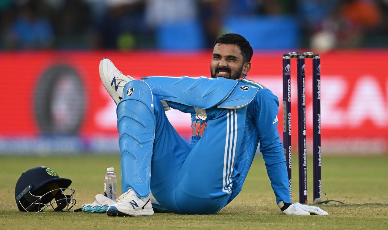 KL Rahul stretches during an interval, India vs Afghanistan, ODI World Cup, Delhi, October 11, 2023