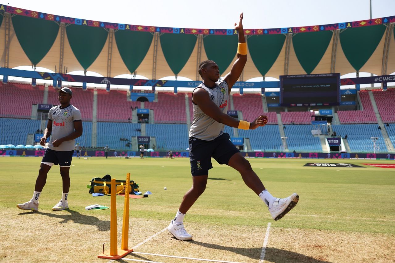 Lungi Ngidi goes through the paces with Kagiso Rabada lurking in the background, Australia vs South Africa, ODI World Cup, Lucknow, October 12, 2023