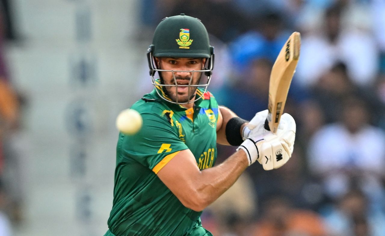 Aiden Markram muscles the ball to the off side, Australia vs South Africa, Men's ODI World Cup 2023, Lucknow, October 12, 2023