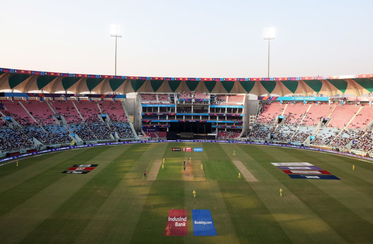 A general view of the action at the Ekana Stadium in Lucknow, Australia vs South Africa, Men's ODI World Cup 2023, Lucknow, October 12, 2023