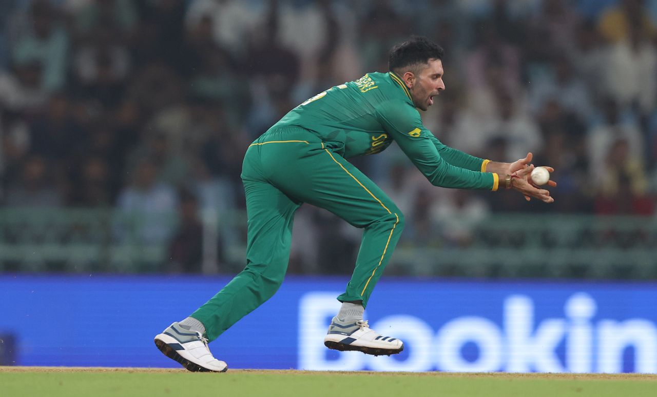 Keshav Maharaj gobbles up a caught-and-bowled chance, Australia vs South Africa, Men's ODI World Cup 2023, Lucknow, October 12, 2023