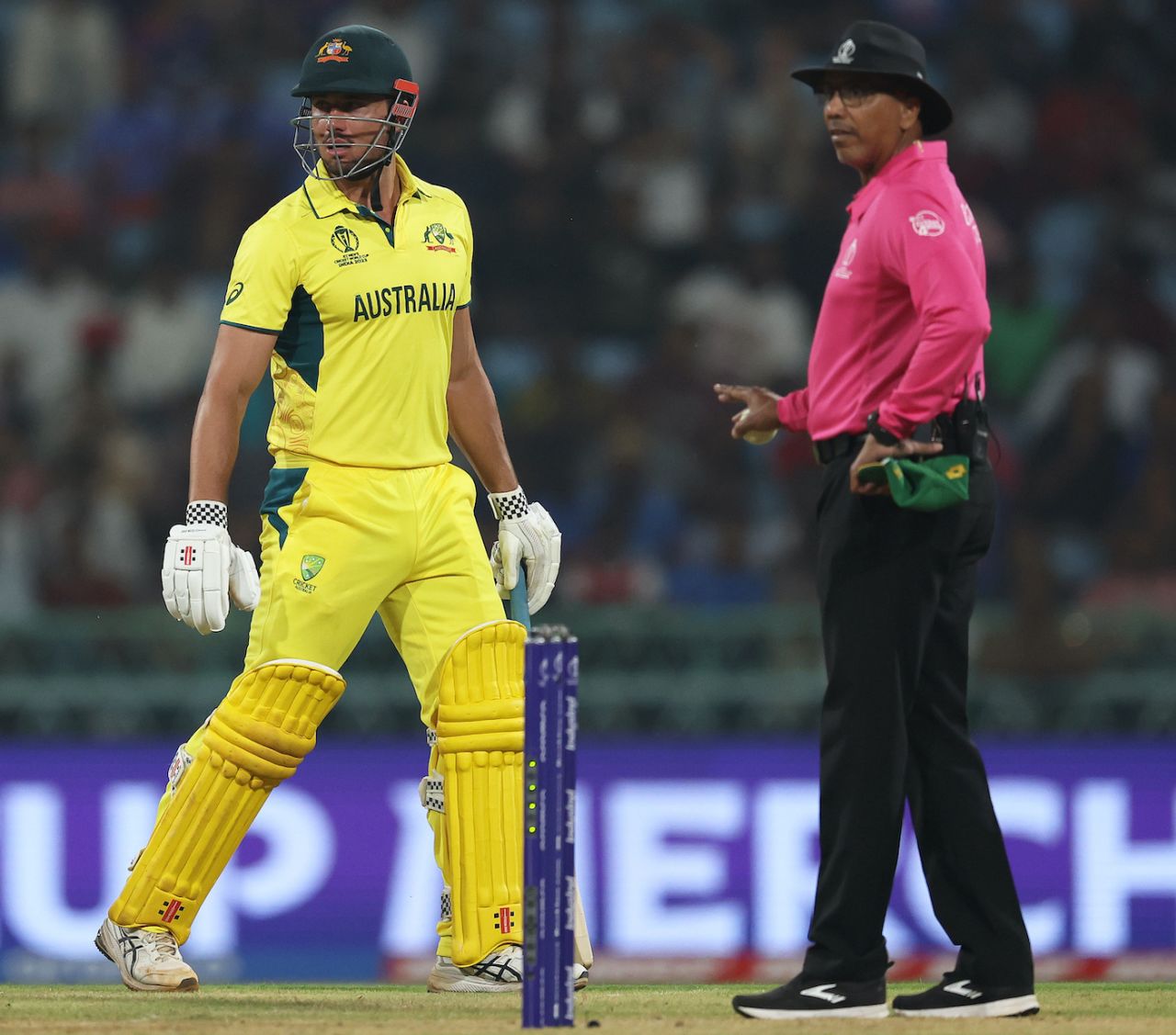 Marcus Stoinis seeks clarification from Joel Wilson after being adjudged caught behind, Australia vs South Africa, Men's ODI World Cup 2023, Lucknow, October 12, 2023