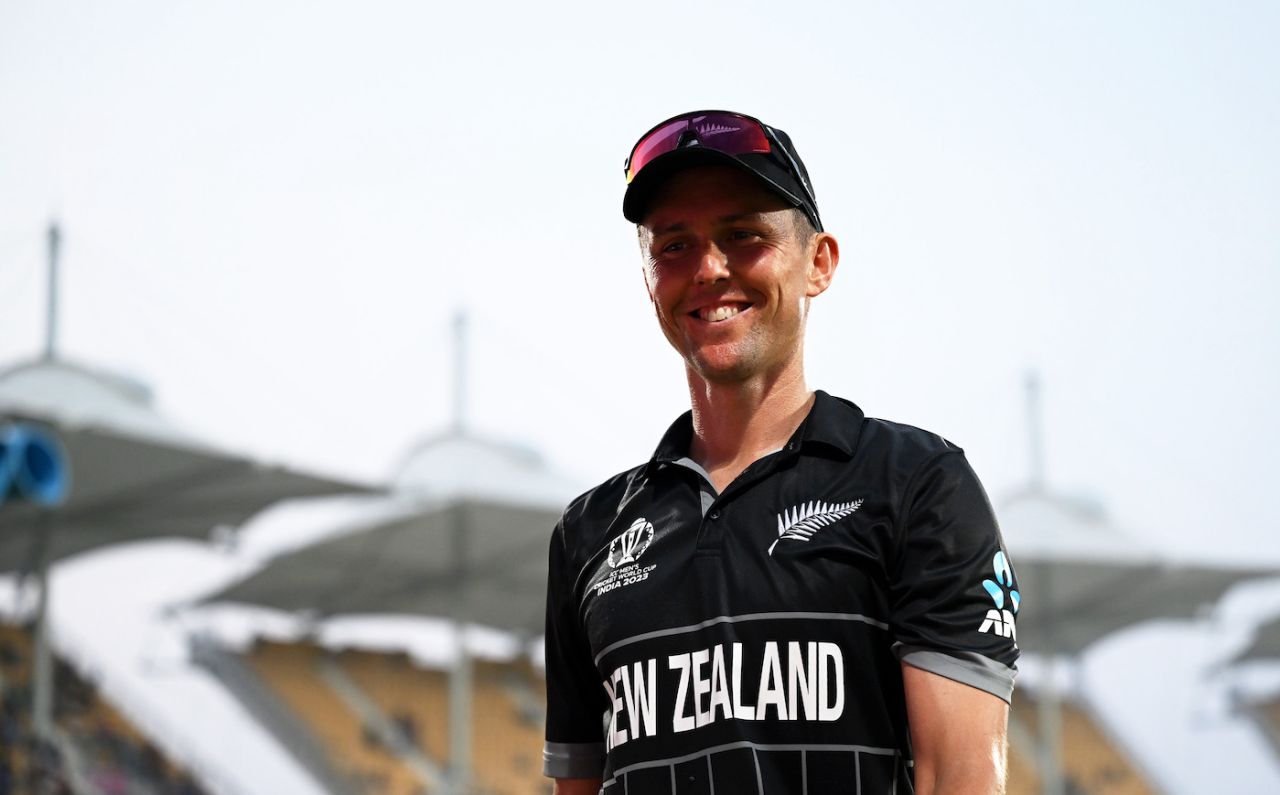 Trent Boult looks please as he leaves the ground - he's just picked up his 200th ODI wicket, Bangladesh vs New Zealand, World Cup, Chennai, October 13, 2023