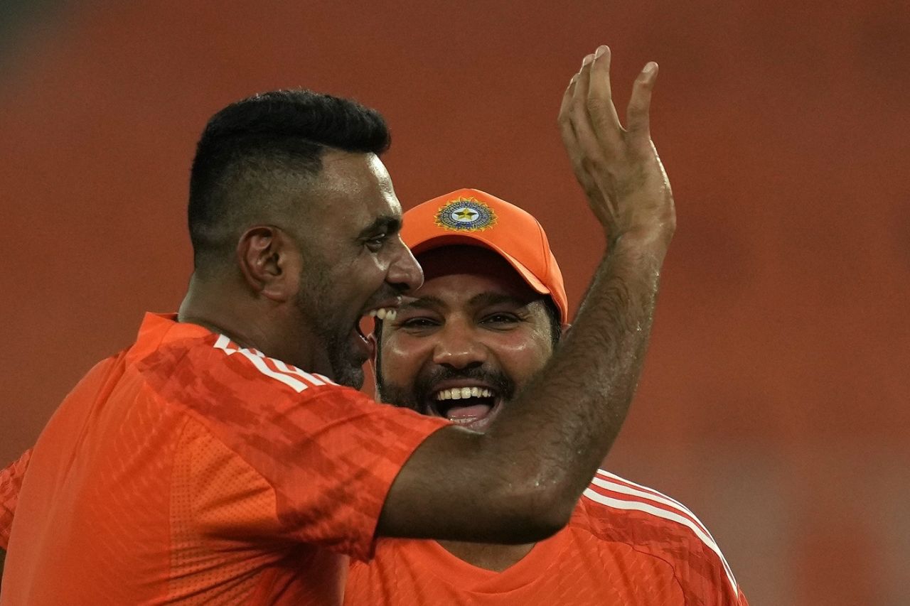 R Ashwin and Rohit Sharma are all smiles, India vs Australia, World Cup, Ahmedabad, October 13, 2023