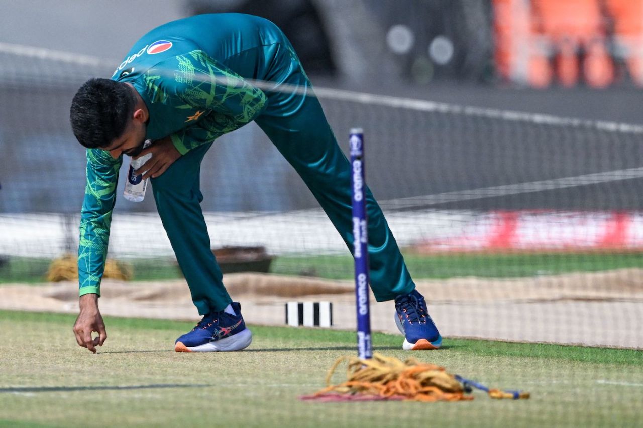 Babar Azam takes a close look at the pitch a day off from the game, India vs Pakistan, World Cup, Ahmedabad, October 13, 2023
