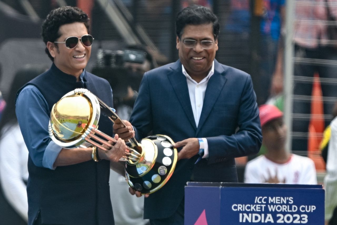 Sachin Tendulkar and K Madhavan, President of Disney Star, carry the men's World Cup trophy, India vs Pakistan, Men's World Cup 2023, Ahmedabad, October 14, 2023