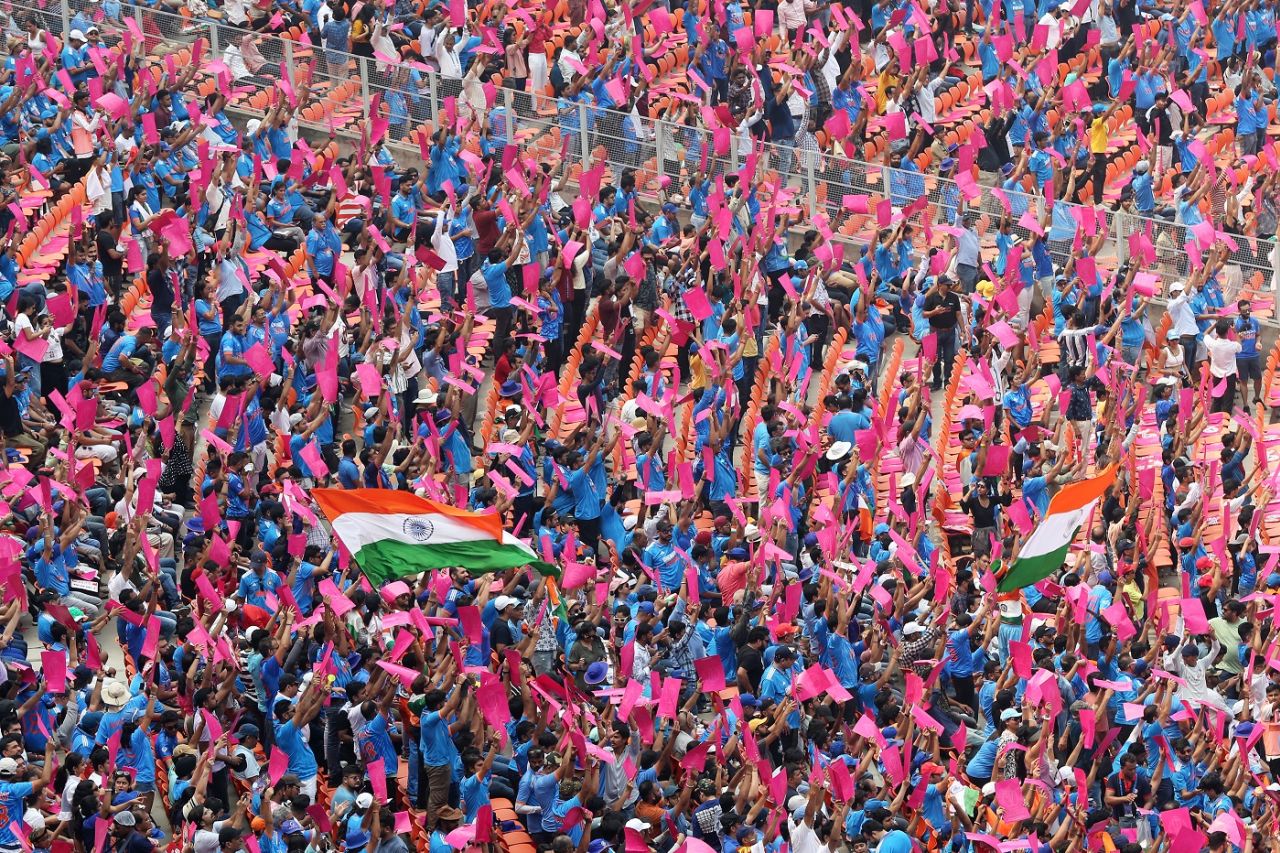 A sea of blue (and pink) at the Narendra Modi Stadium, India vs Pakistan, Men's World Cup 2023, Ahmedabad, October 14, 2023
