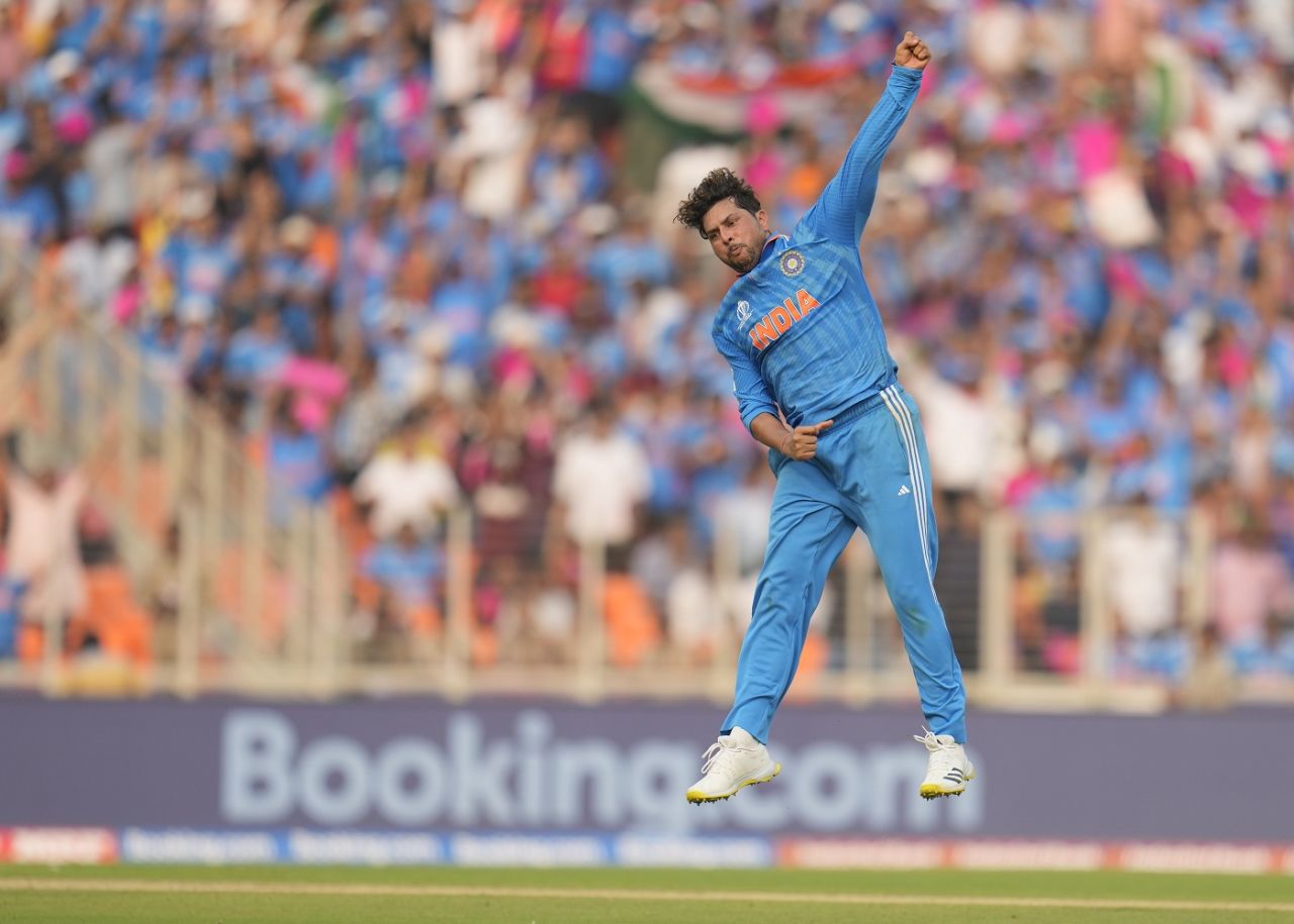 Kuldeep Yadav is jubilant after getting Iftikhar Ahmed's wicket, India vs Pakistan, Men's World Cup 2023, Ahmedabad, October 14, 2023