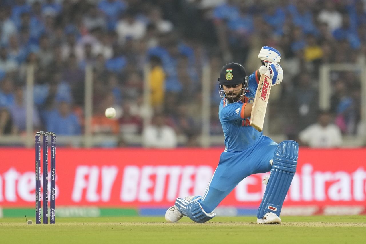 Virat Kohli drives one in his short-lived stay, Men's World Cup 2023, India v Pakistan, Ahmedabad, October 14, 2023