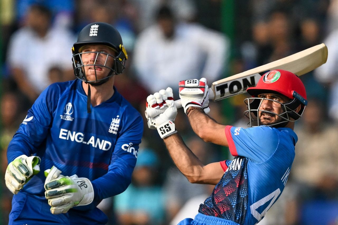 Ikram Alikhil sends a Joe Root delivery into the stands, England vs Afghanistan, Men's Cricket World Cup 2023, Delhi, October 15, 2023