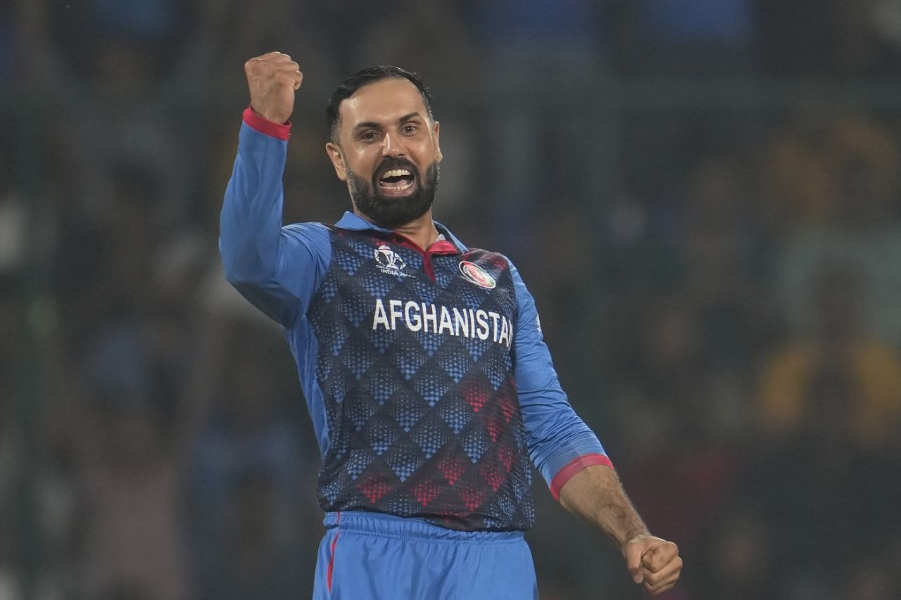 Mohammad Nabi exults after sending back Dawid Malan, England vs Afghanistan, Men's Cricket World Cup 2023, Delhi, October 15, 2023