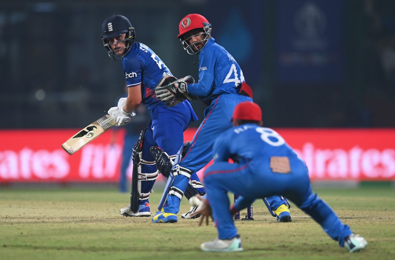 Caught in the act - Rahmat Shah takes a sharp one at slip to send back Sam Curran, England vs Afghanistan, Men's ODI World Cup 2023, Delhi, October 15, 2023