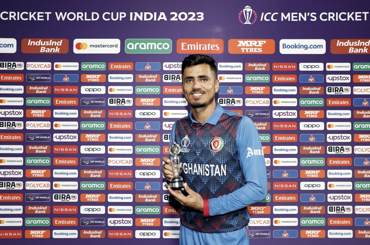 Mujeeb Ur Rahman was the player of the match for his 16-ball 28 and 3 for 51, England vs Afghanistan, Men's ODI World Cup 2023, Delhi, October 15, 2023