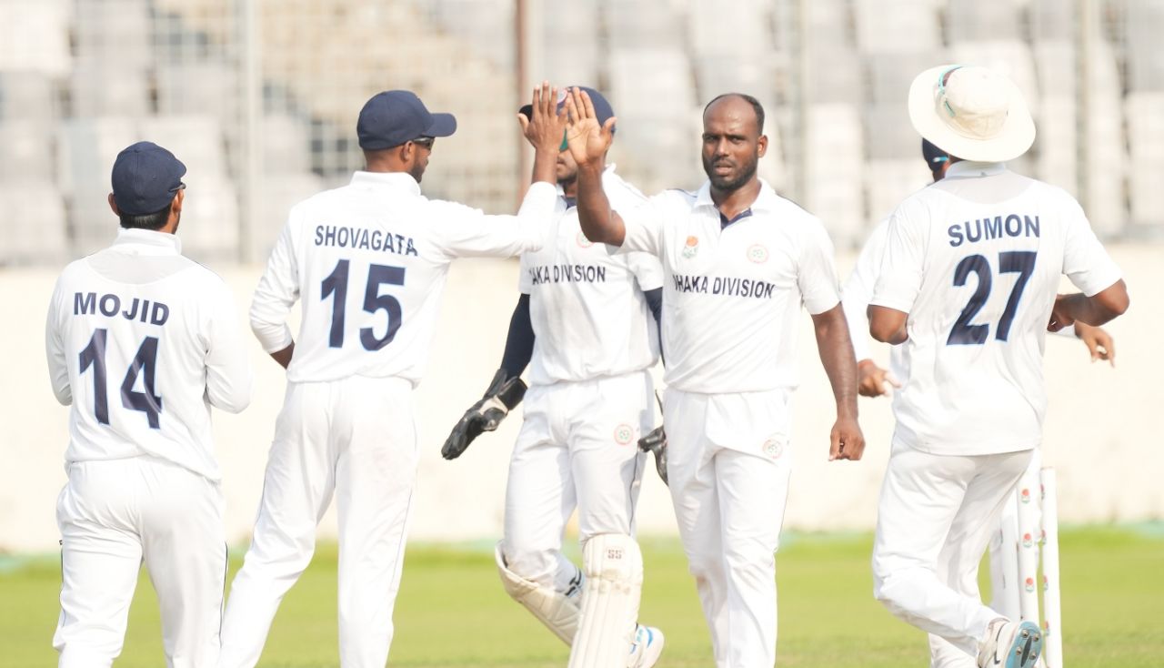 The Dhaka Division players celebrate a wicket, Dhaka Division vs Rangpur Division, Mirpur, day 3, National Cricket League, October 14, 2023