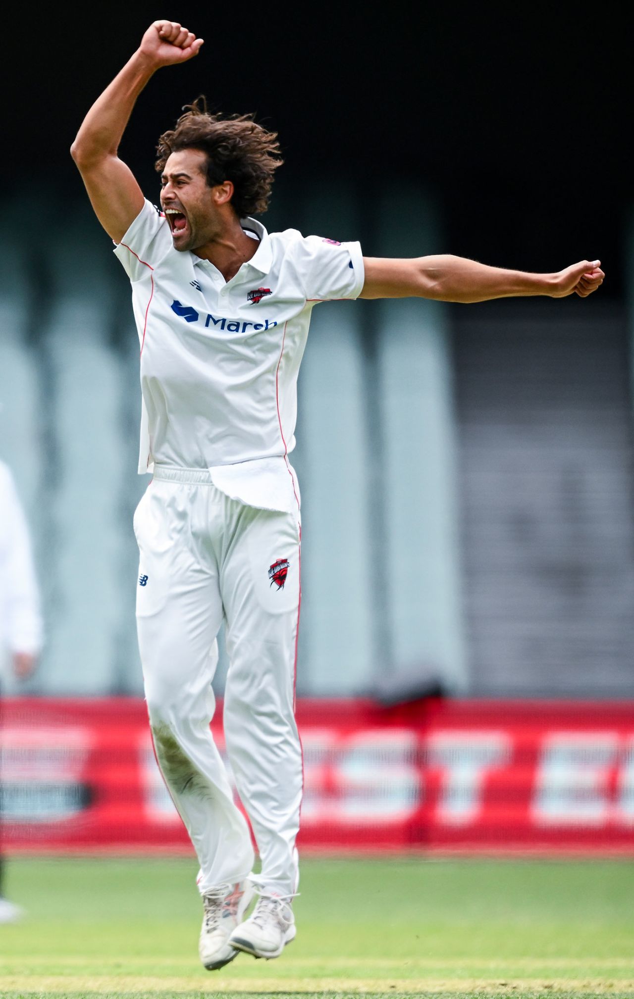 Wes Agar celebrates a breakthrough, South Australia vs New South Wales, Sheffield Shield, Adelaide Oval, October 16, 2023