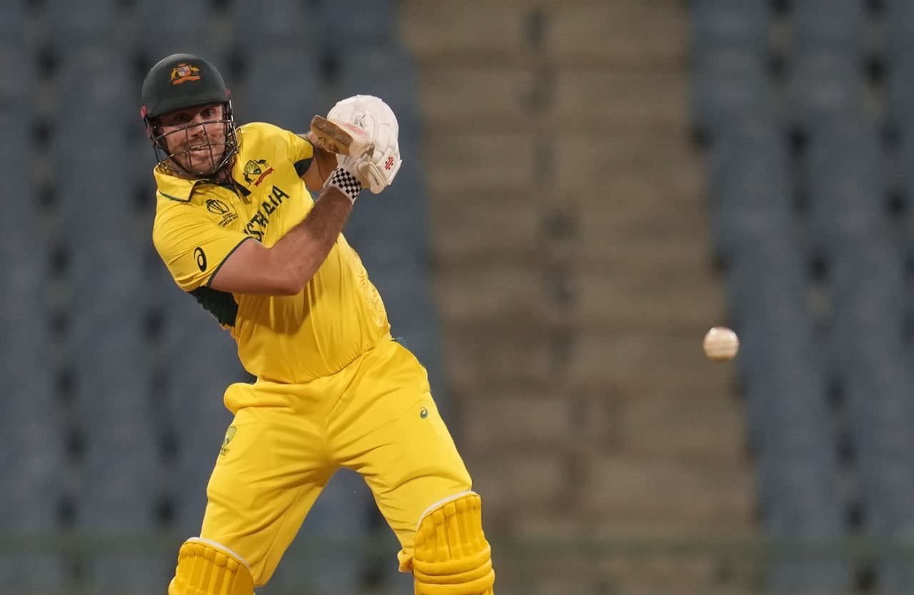 Mitchell Marsh hits a punchy shot on the off side, Australia vs Sri Lanka, World Cup 2023, Lucknow, October 16, 2023
