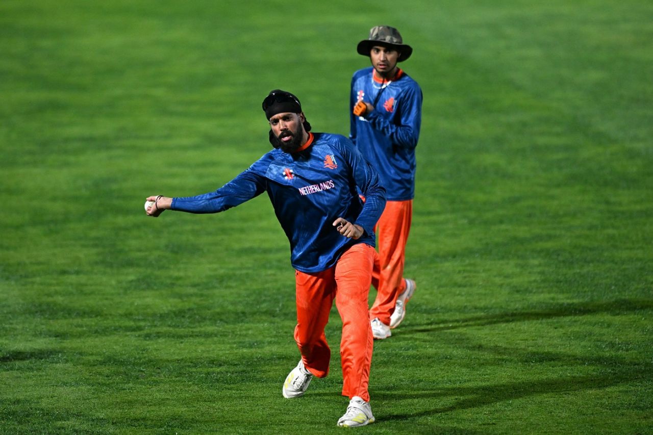 Vikramjit Singh throws during a fielding drill, Men's World Cup 2023, Dharamsala, October 16, 2023