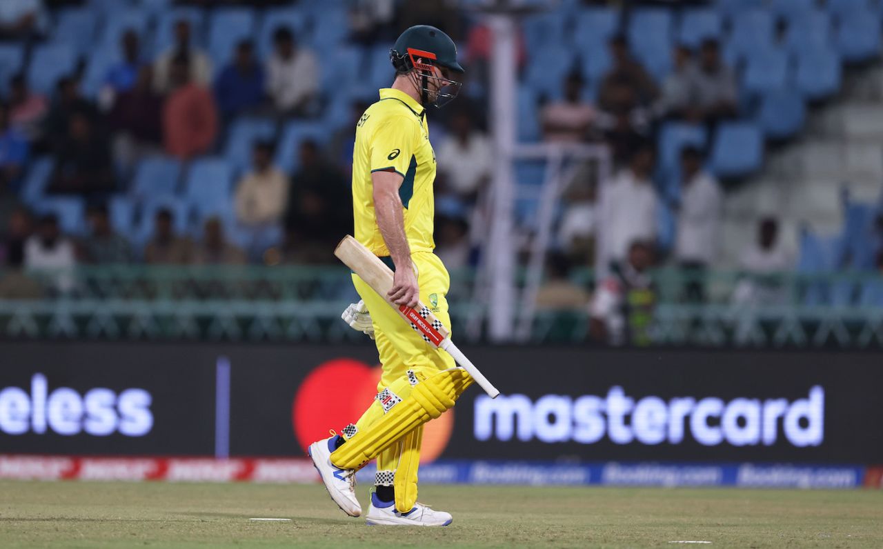 Mitchell Marsh wears a dejected look after being dismissed, Australia vs Sri Lanka, World Cup 2023, Lucknow, October 16, 2023