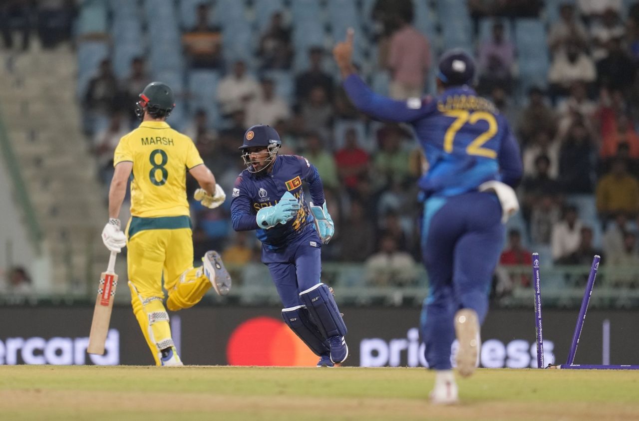 Kusal Mendis celebrates after running Mitchell Marsh out, Australia vs Sri Lanka, World Cup 2023, Lucknow, October 16, 2023