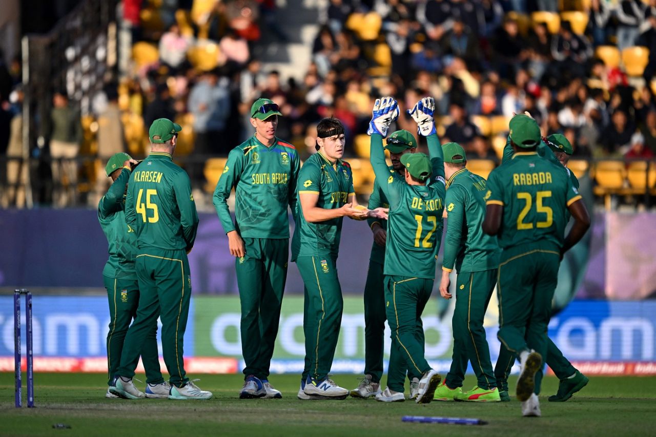 Gerald Coetzee celebrates after getting Colin Ackermann to chop on, Netherlands vs South Africa, World Cup, Dharamsala, October 17, 2023
