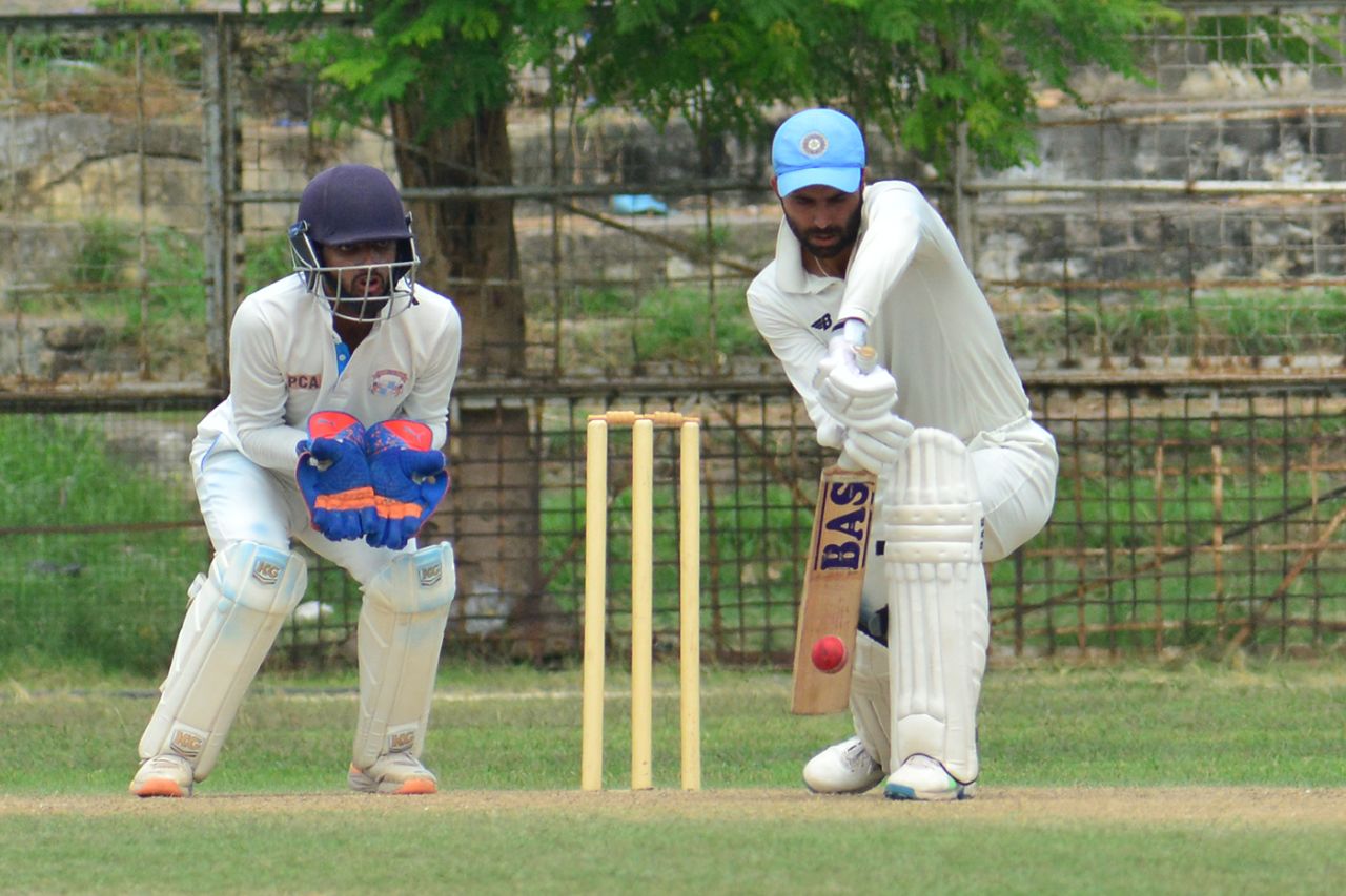 Gitansh Khera defends one as Salil Arora looks on from behind the stumps, Mohali vs Amritsar, final, day 1, Katoch Shield Trophy, Amritsar, September 16, 2023 