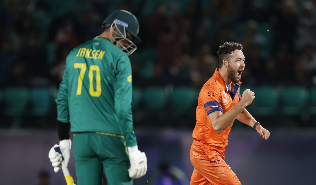 Paul van Meekeren castled Marco Jansen, Netherlands vs South Africa, World Cup, Dharamsala, October 17, 2023