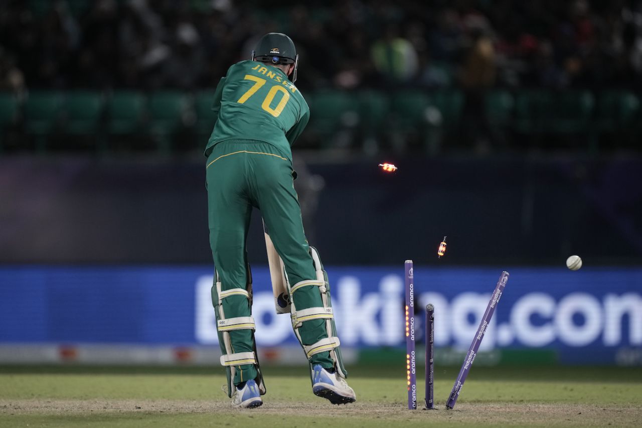 Marco Jansen loses his stumps to Paul van Meekeren, Netherlands vs South Africa, World Cup, Dharamsala, October 17, 2023