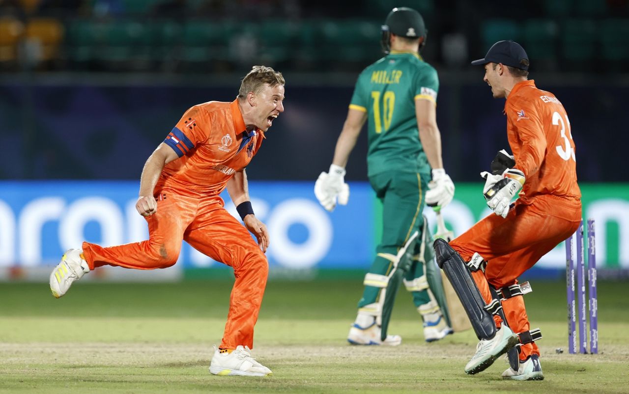 Logan van Beek pinged the top of David Miller's off stump, Netherlands vs South Africa, World Cup, Dharamsala, October 17, 2023