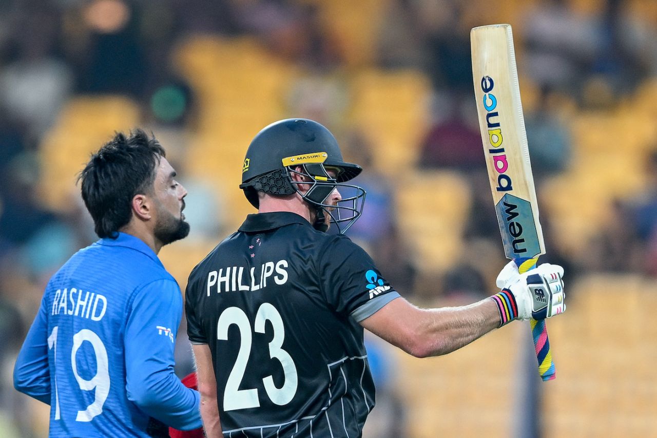 Glenn Phillips reached fifty in the 43rd over, New Zealand vs Afghanistan, Men's ODI World Cup, Chennai, October 18, 2023