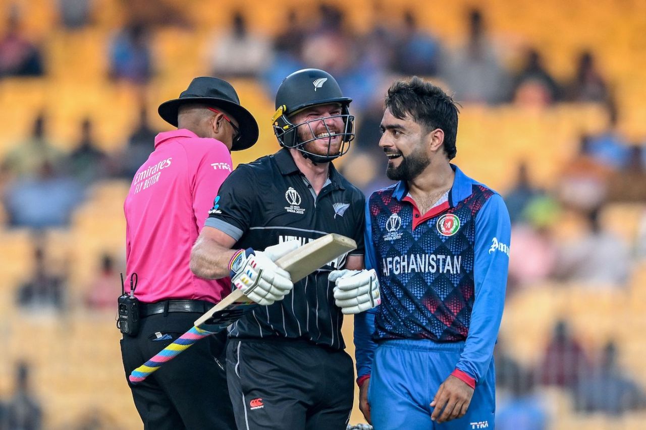 Rashid Khan and Glenn Phillips share a laugh, New Zealand vs Afghanistan, Men's ODI World Cup, Chennai, October 18, 2023