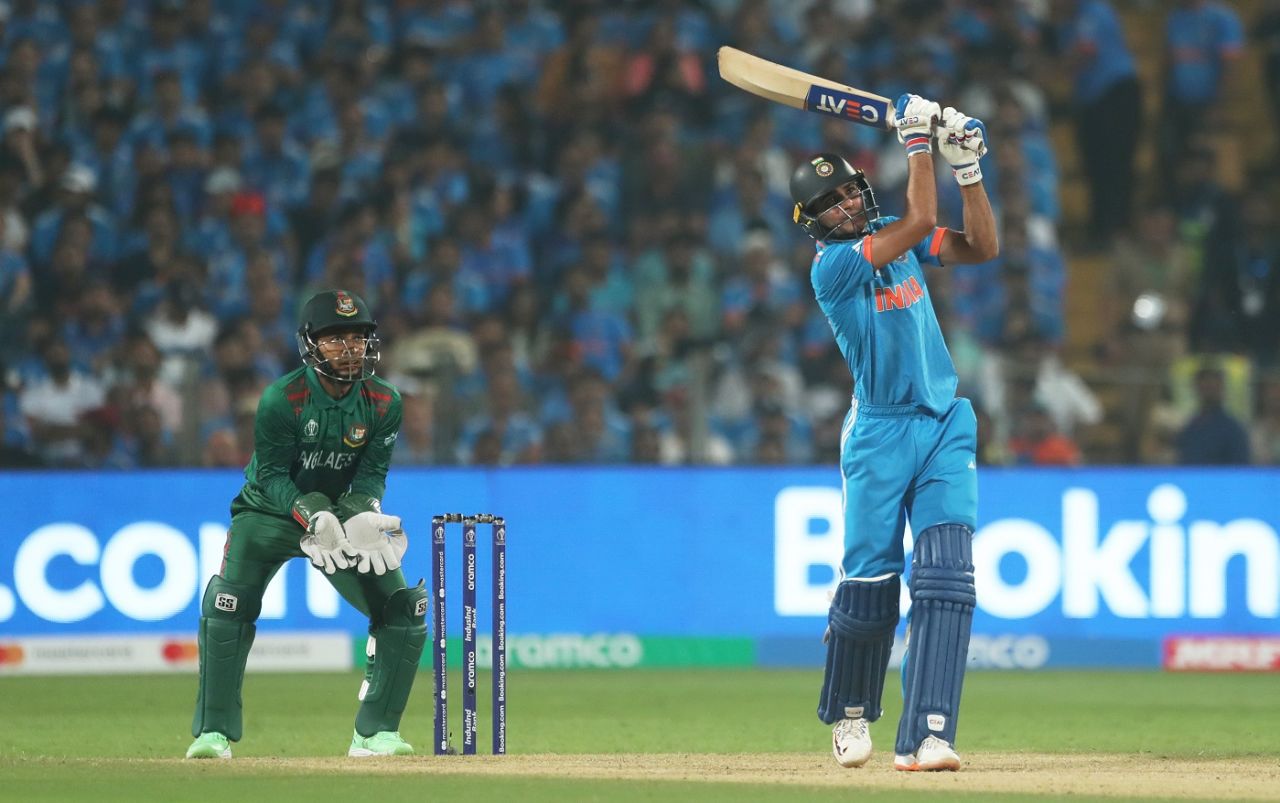 Shubman Gill goes over the top with Mushfiqur Rahim behind the stumps, Men's ODI World Cup, India v Bangladesh, Pune, October 19, 2023