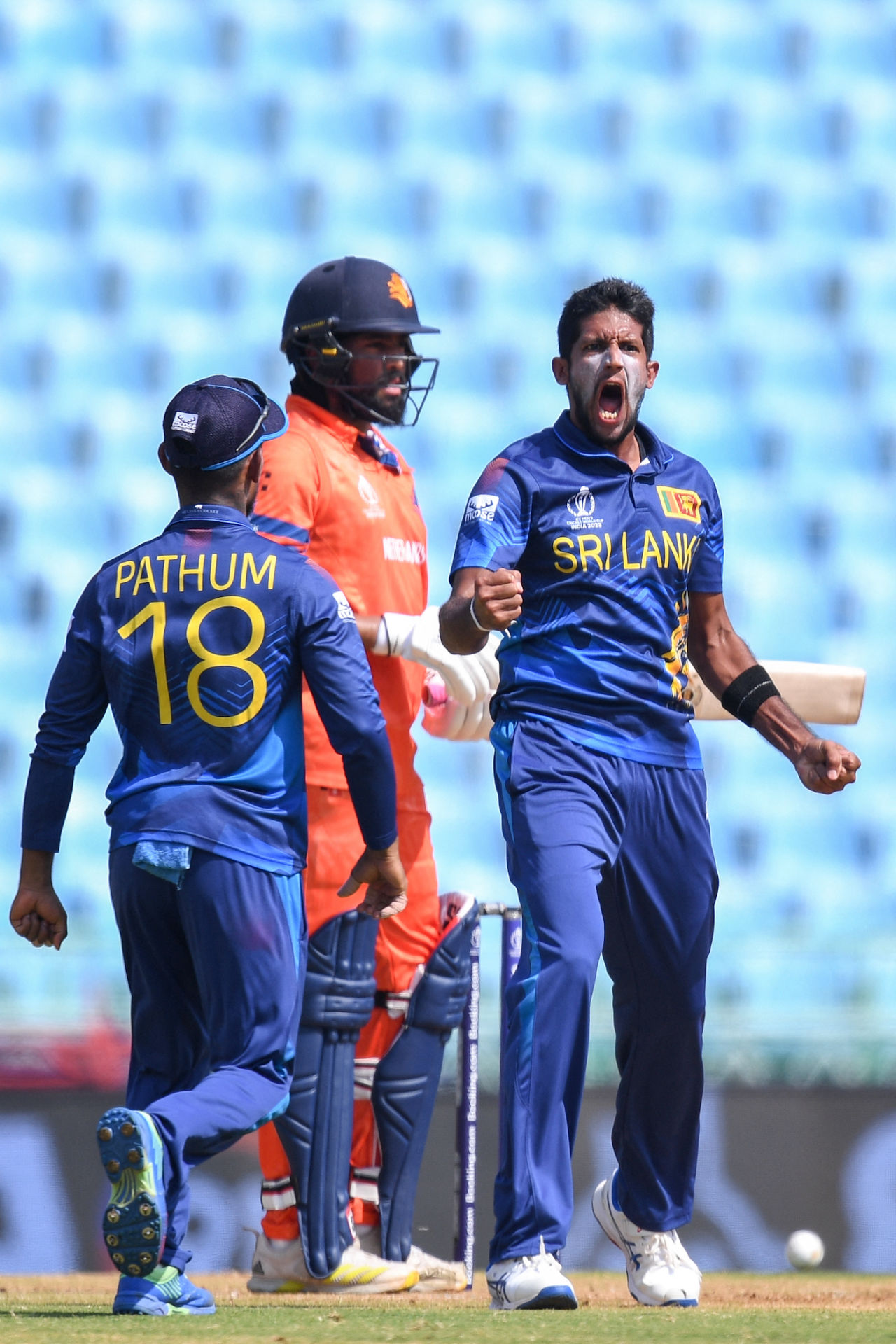 Kasun Rajitha, back in the XI, got the first wicket for Sri Lanka, Netherlands vs Sri Lanka, World Cup, Lucknow, October 21, 2023
