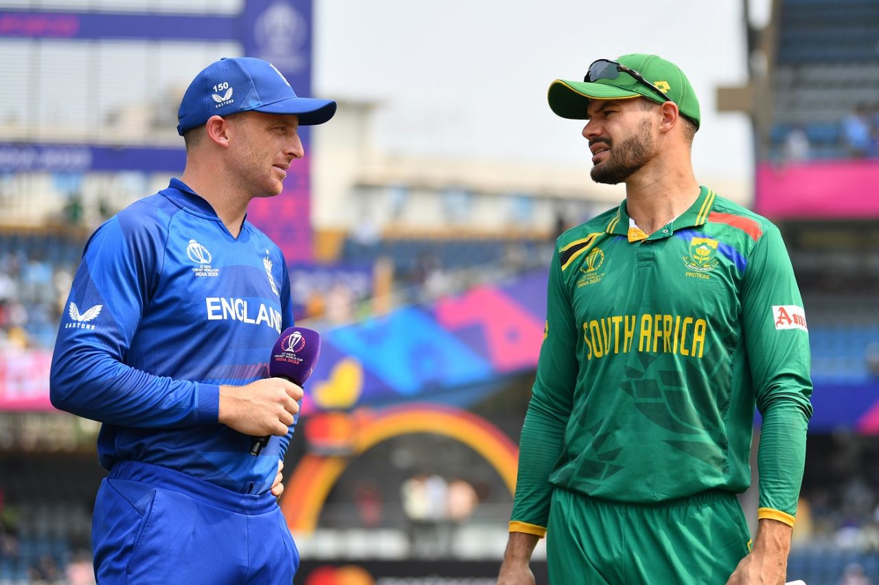 Jos Buttler and Aiden Markram, standing in for Temba Bavuma who pulled up ill, at the toss, England vs South Africa, Men's World Cup 2023, Mumbai, October 21, 2023