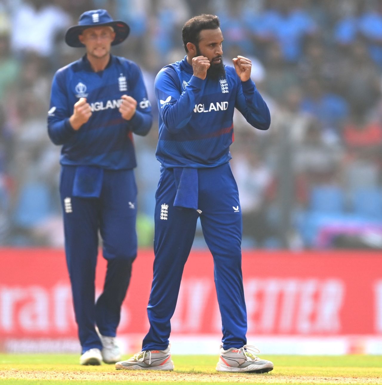 Adil Rashid is pumped after getting Rassie van der Dussen caught, England vs South Africa, Men's World Cup 2023, Mumbai, October 21, 2023