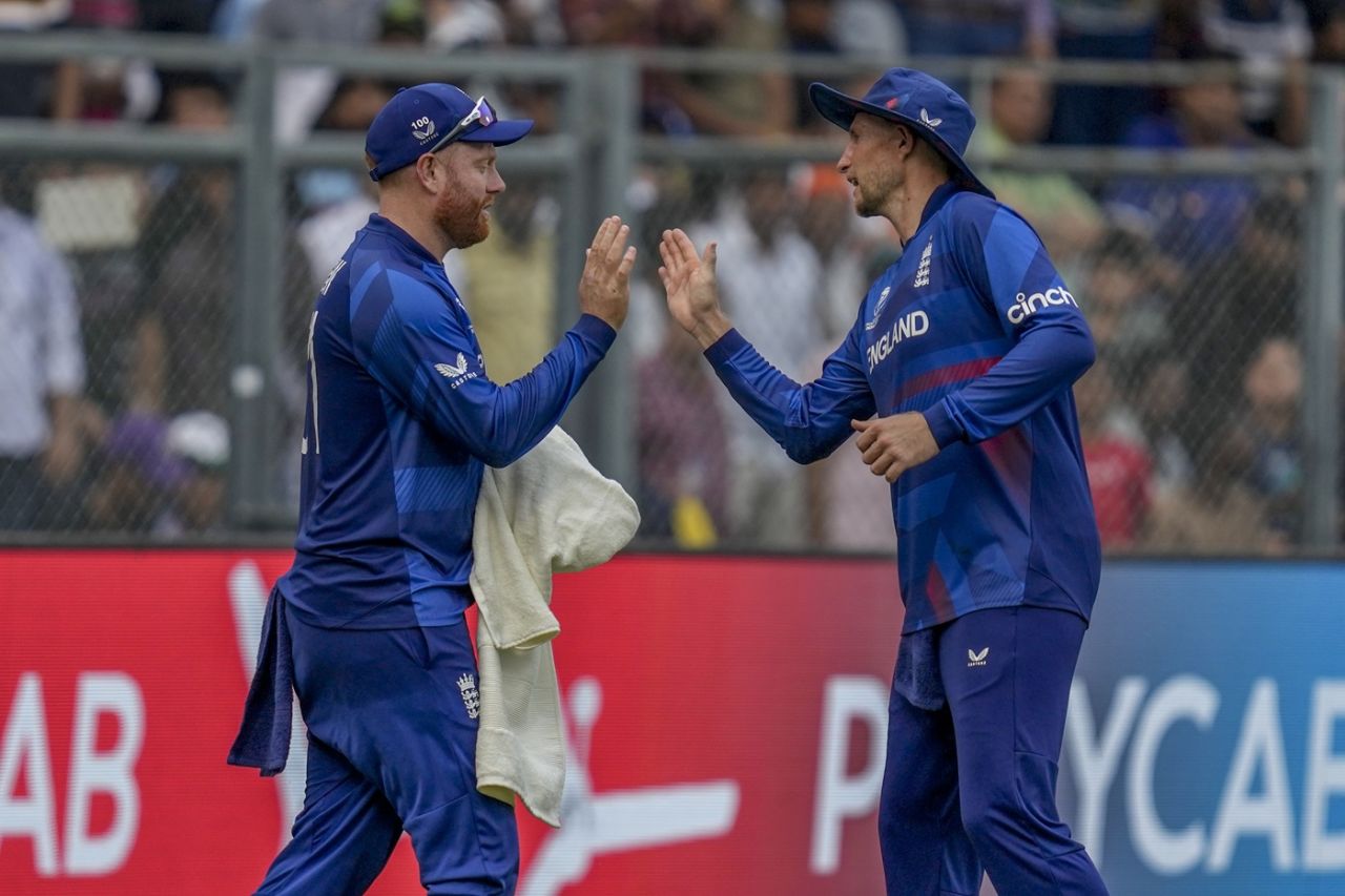 Jonny Bairstow and Joe Root celebrate, England vs South Africa, Men's World Cup 2023, Mumbai, October 21, 2023